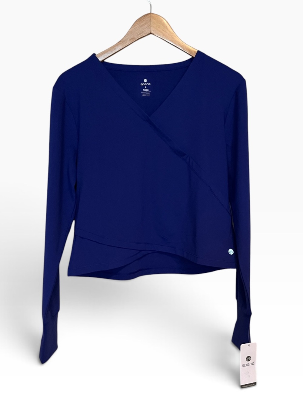 Apana Royal Blue Long Sleeve V Neck Faux Wrap Pullover Top Size Large NWT